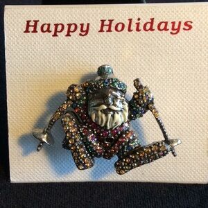 Vintage New Enamel Crystal Santa Skiing Brooch